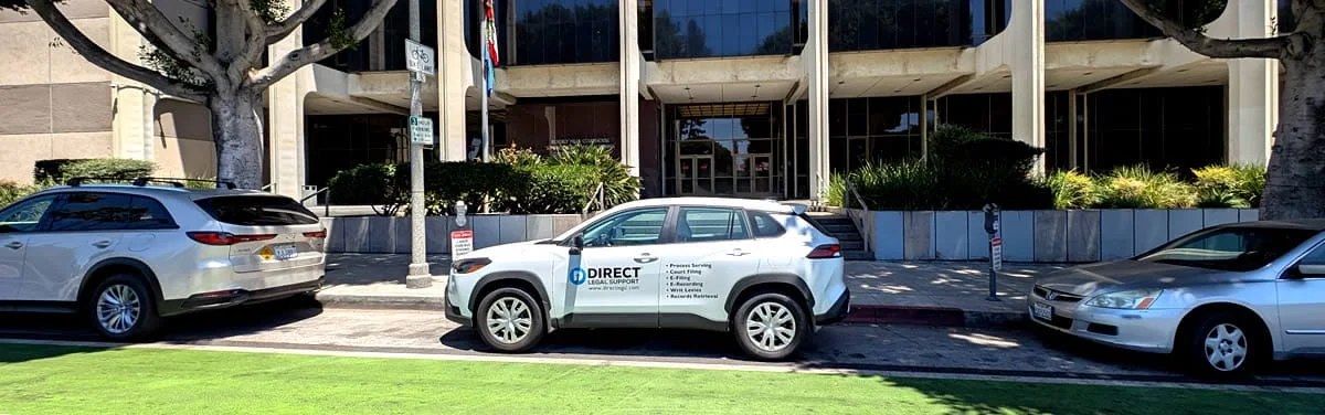 Direct Legal Support vehicle outside the Beverly Hills Courthouse